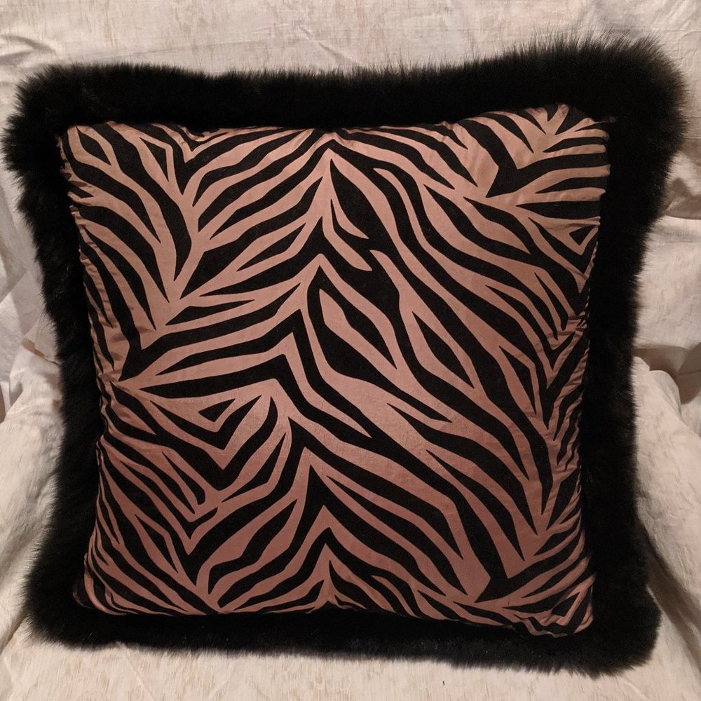 Gold Material with Black Velvet & Genuine Fox Trim 19x19 Pillow with Insert